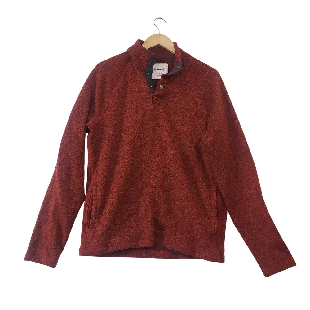 Sonoma Snap Mock Neck Fleece Pullover Mens Large Red Heathered Sweater Cozy